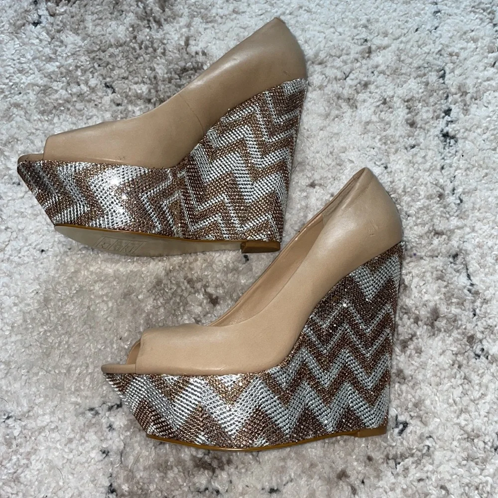 BEBE WEDGES! BRAND NEW!!! Metallic with Tan leather! Size: 6. Comes with Box!